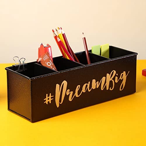 dudki Stylish Quoted desk organizer for office table with 4 compartments | Metal Desk Organizer Stationary Storage Stand Pen, Pencil Holder for Office, Home, and Study Table (DREAM BIG) Black - Image 1