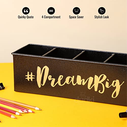 dudki Stylish Quoted desk organizer for office table with 4 compartments | Metal Desk Organizer Stationary Storage Stand Pen, Pencil Holder for Office, Home, and Study Table (DREAM BIG) Black - Image 2