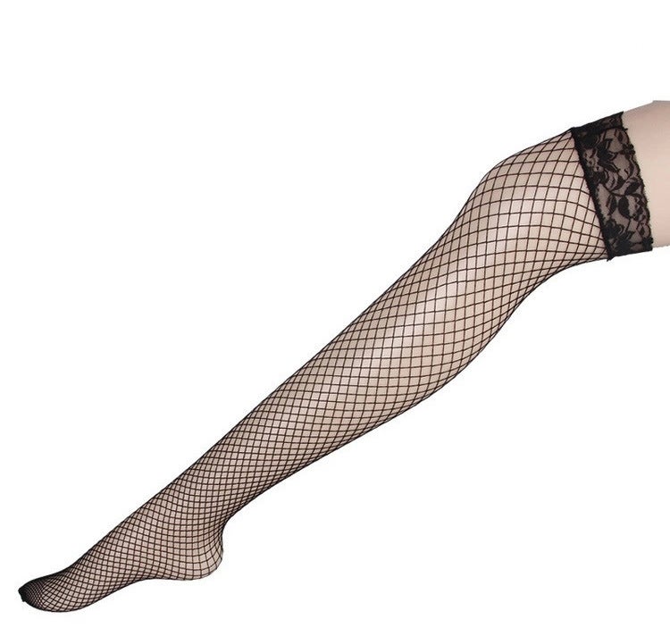 Sensual Fishnet Stockings Breathable Lace Top Thigh-High Black - Image 1