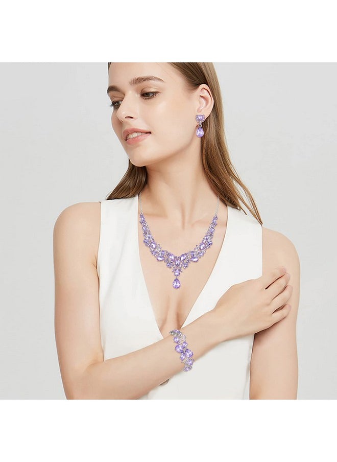 EVER FAITH Austrian Crystal Bridal Bridesmaid Jewelry Sets, Classy Water Drop Flower Cluster Statement Chunky Necklace Earrings Bracelet Set Light Purple Silver-Tone  - Image 2
