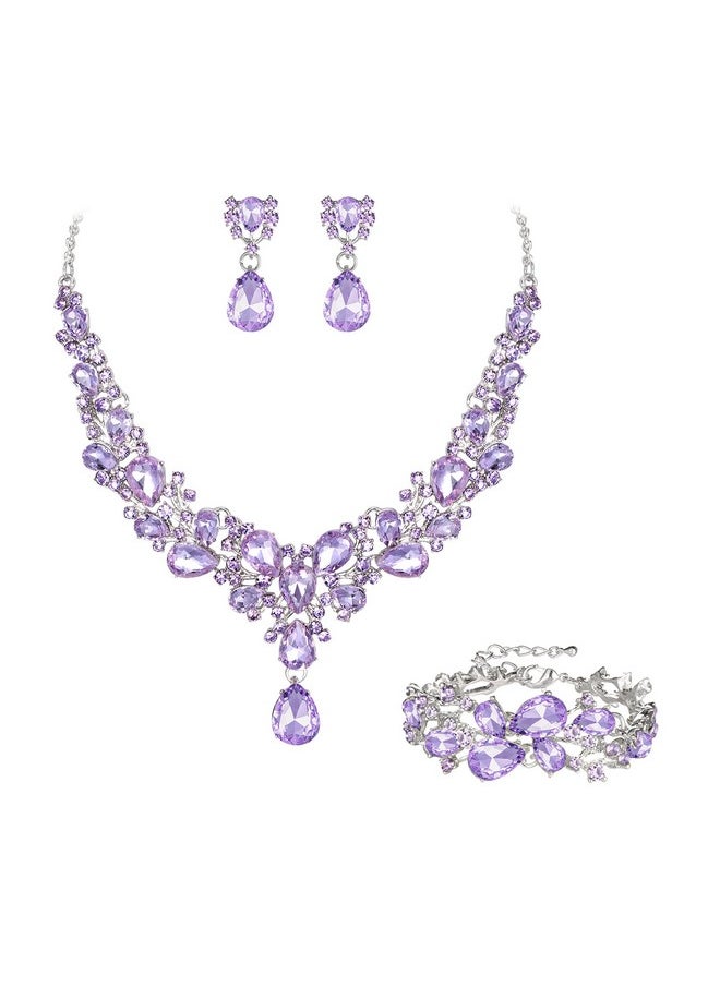 EVER FAITH Austrian Crystal Bridal Bridesmaid Jewelry Sets, Classy Water Drop Flower Cluster Statement Chunky Necklace Earrings Bracelet Set Light Purple Silver-Tone  - Image 1