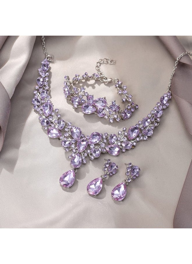 EVER FAITH Austrian Crystal Bridal Bridesmaid Jewelry Sets, Classy Water Drop Flower Cluster Statement Chunky Necklace Earrings Bracelet Set Light Purple Silver-Tone  - Image 3