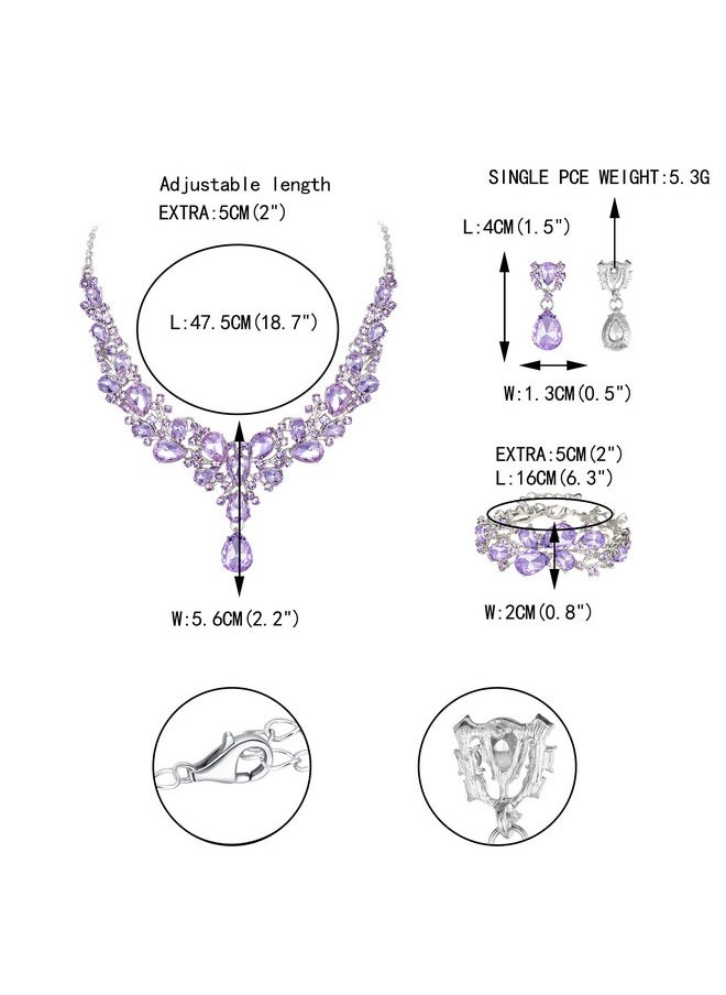 EVER FAITH Austrian Crystal Bridal Bridesmaid Jewelry Sets, Classy Water Drop Flower Cluster Statement Chunky Necklace Earrings Bracelet Set Light Purple Silver-Tone  - Image 4