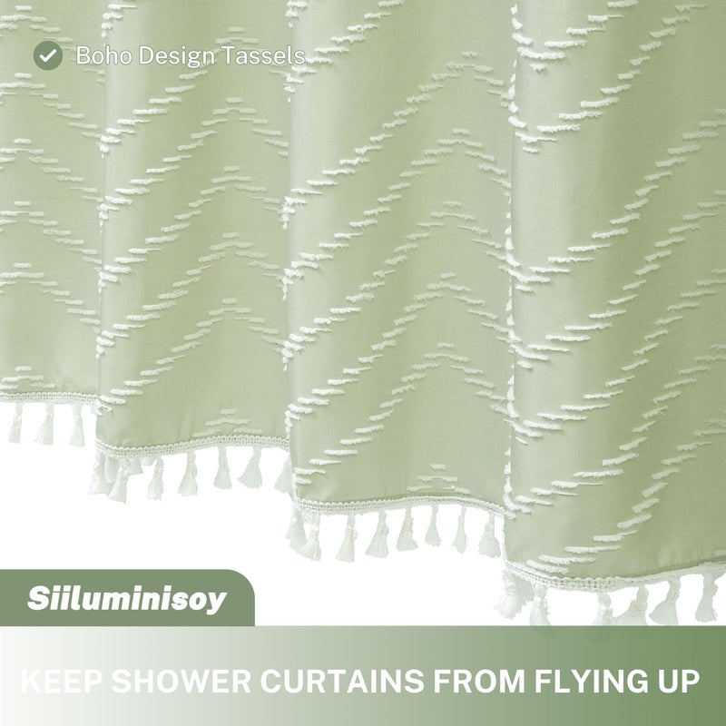 Siiluminisoy Boho Shower Curtain with White Tassel Woven Fabric Sage Green Shower Curtain 72 x 72 Modern Farmhouse Textured Tufted Chevron Striped Minimalist Bathroom Shower Curtain - Image 3
