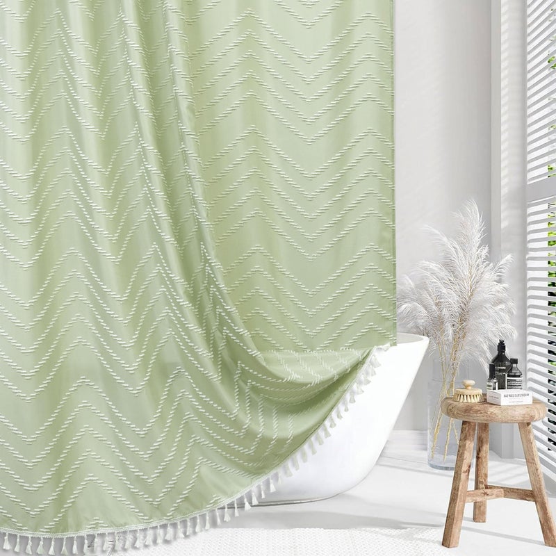 Siiluminisoy Boho Shower Curtain with White Tassel Woven Fabric Sage Green Shower Curtain 72 x 72 Modern Farmhouse Textured Tufted Chevron Striped Minimalist Bathroom Shower Curtain - Image 1