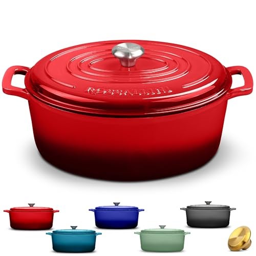 ROSSALLINI Signature Enameled Cast Iron Oval Dutch Oven | Non-Stick Serving Pot with Tight Fitting Lid for Perfect Roasting, Baking, Sauteing, and Bread Making | 8Q [Red] - Image 1