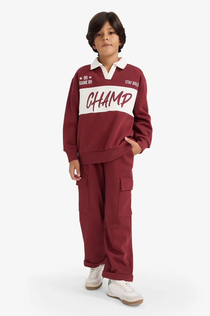 ديفاكتو Boy Oversize Polo Collar Printed Soft Fleece Lining Sweatshirt