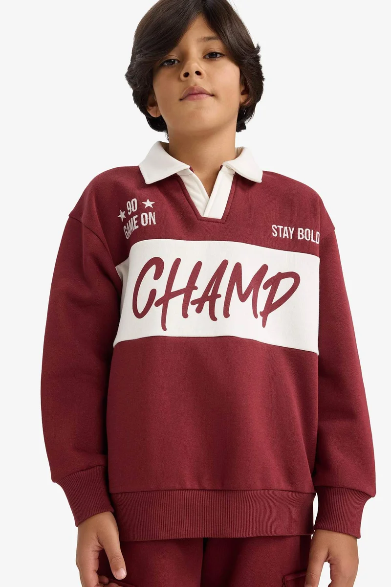 ديفاكتو Boy Oversize Polo Collar Printed Soft Fleece Lining Sweatshirt