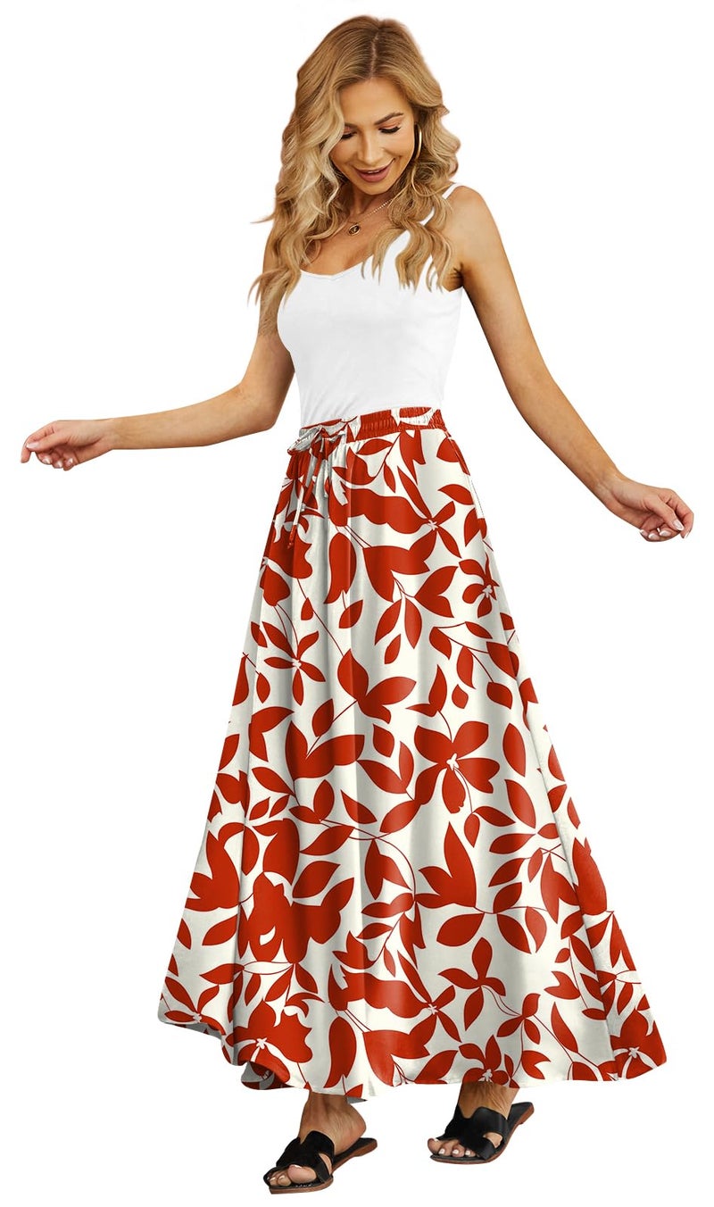 Yincro Women Flowy Maxi Skirt Summer Pleated High Waisted Casual Long Skirts with Pockets (Orange Flowers White, M) - Image 1