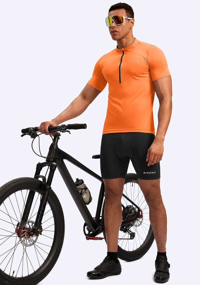 Bikewa قميص دراجات للرجال بكم قصير بفتحة نصفية مقاوم للرطوبة للدراجات على الطرق والجبال مع جيوب بسحاب (برتقالي، L) - Image 3