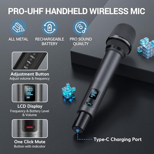 TONOR Wireless Microphones, UHF Rechargeable Cordless Karaoke Mics, 2x20 Channel Dynamic Microfonos Inalambricos Professional for Singing Church Wedding with Adjustable Volume, Quick Mute, 262ft TW520 - Image 4