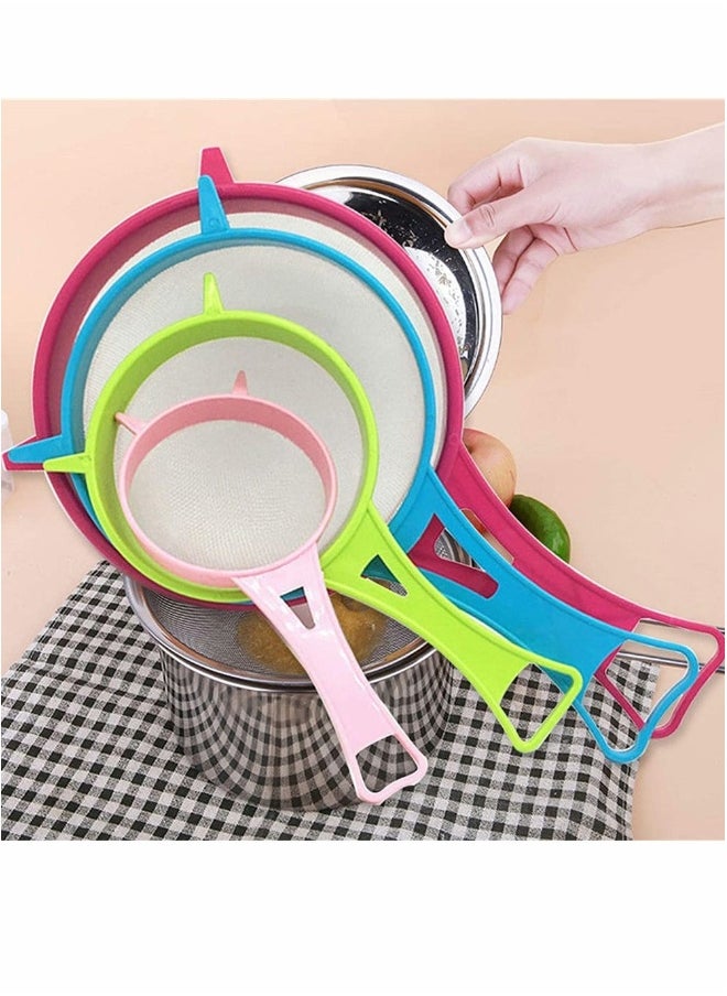 Plastic Mesh Strainer Colander Set, Food Soy Milk Flour Sieve Plastic Colander Strainer with Long Handle Icing Sugar Sifters Fine Strainer Tea Filter and Silicone Foldable Funnel, 4Pcs, Random Color