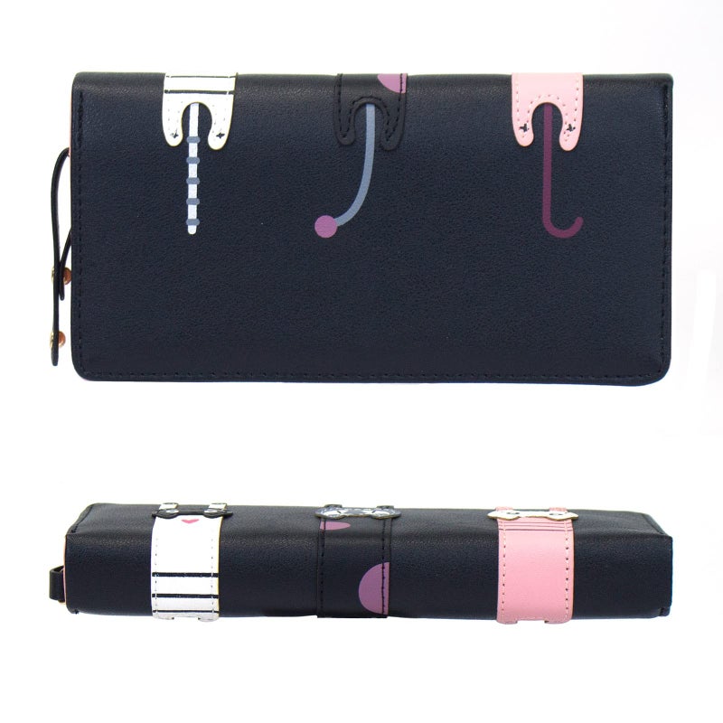 Valentoria® Birthday Gifts for Women's Mini Faux Leather Bifold 3 Cat Design Clutch Wallet (Long Black) - Image 2