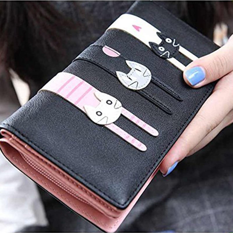 Valentoria® Birthday Gifts for Women's Mini Faux Leather Bifold 3 Cat Design Clutch Wallet (Long Black) - Image 4
