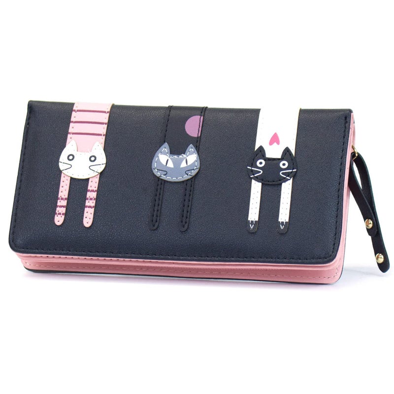 Valentoria® Birthday Gifts for Women's Mini Faux Leather Bifold 3 Cat Design Clutch Wallet (Long Black) - Image 1