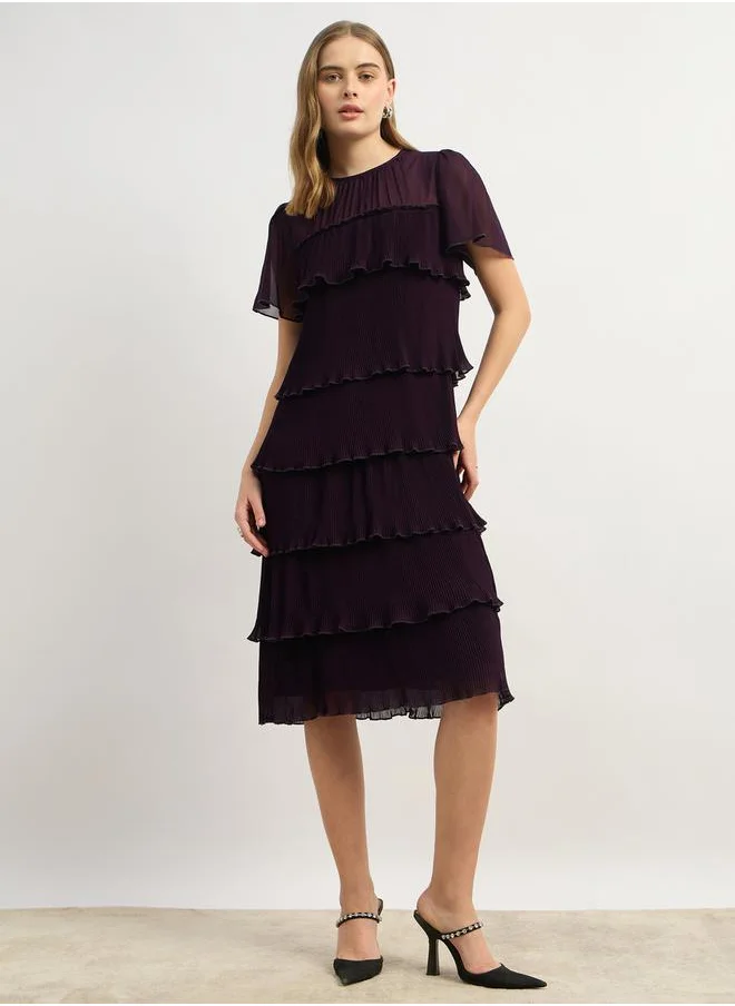 ستايلي Plain Short Sleeves Tiered Knee Length Dress