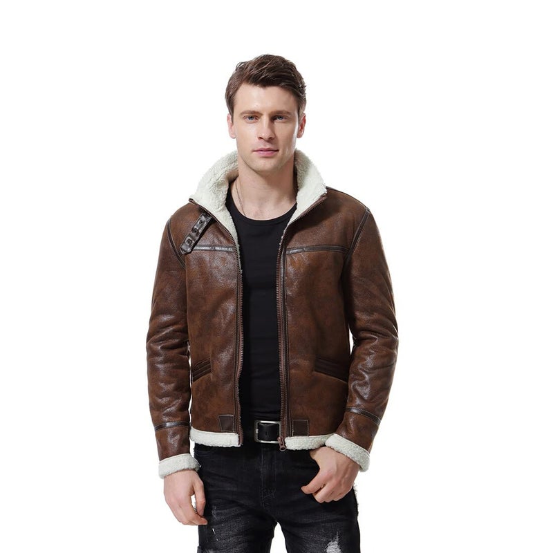 AOWOFS Men's Leather Jackets Aviator Bomber Jacket Men Brown Motorcycle Shearling Suede Coat