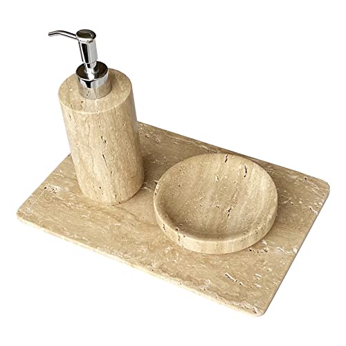 StonePlus Natural Beige Travertine Refillable Bathroom Liquid Dispenser, Lotions Soap Container (Beige Travertine) (Beige Travertine) - Image 4