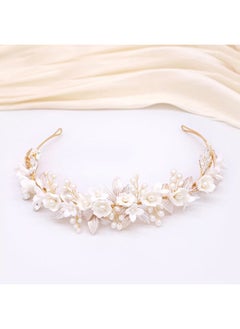 Oriamour Gold Bridal Headbands Wedding Headpieces With Ceramic Flowers Wide Pearl Wedding Hair Accessories For Women And Girls  - Image 1
