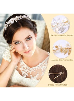 Oriamour Gold Bridal Headbands Wedding Headpieces With Ceramic Flowers Wide Pearl Wedding Hair Accessories For Women And Girls  - Image 2