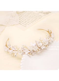 Oriamour Gold Bridal Headbands Wedding Headpieces With Ceramic Flowers Wide Pearl Wedding Hair Accessories For Women And Girls  - Image 3
