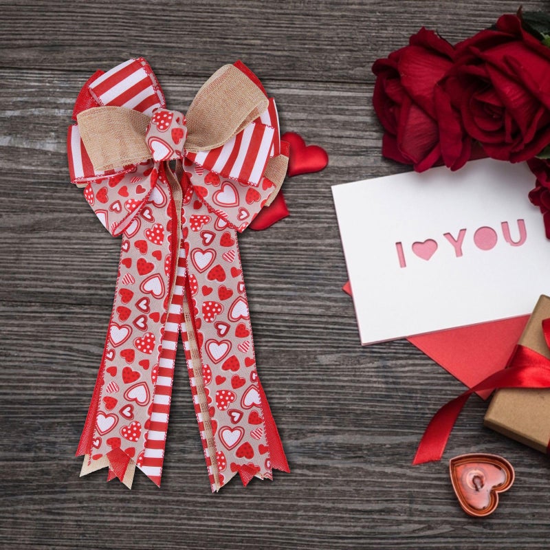 Meseey Large Valentine'S Day Tree Topper Bow Red Heart Printed Valentines Wreath Burlap Bow For Valentine'S Day Wedding Mother'S Day Front Door Wreath Home Indoor Outdoor Decorations (Valentine) - Image 5