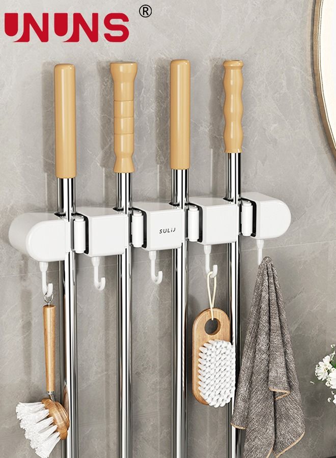 UNUNS حامل ممسحة ومكنسة، ممسحة منظمة مثبتة على الحائط ورف تخزين لتوفير المساحة لحديقة المطبخ والجراج، الغسيل، 4 أوضاع مع 5 خطافات - Image 1