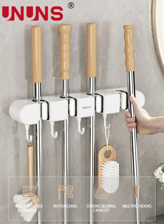 UNUNS حامل ممسحة ومكنسة، ممسحة منظمة مثبتة على الحائط ورف تخزين لتوفير المساحة لحديقة المطبخ والجراج، الغسيل، 4 أوضاع مع 5 خطافات - Image 2