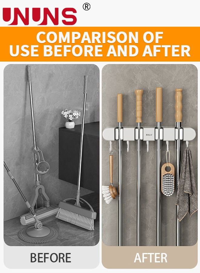 UNUNS حامل ممسحة ومكنسة، ممسحة منظمة مثبتة على الحائط ورف تخزين لتوفير المساحة لحديقة المطبخ والجراج، الغسيل، 4 أوضاع مع 5 خطافات - Image 3