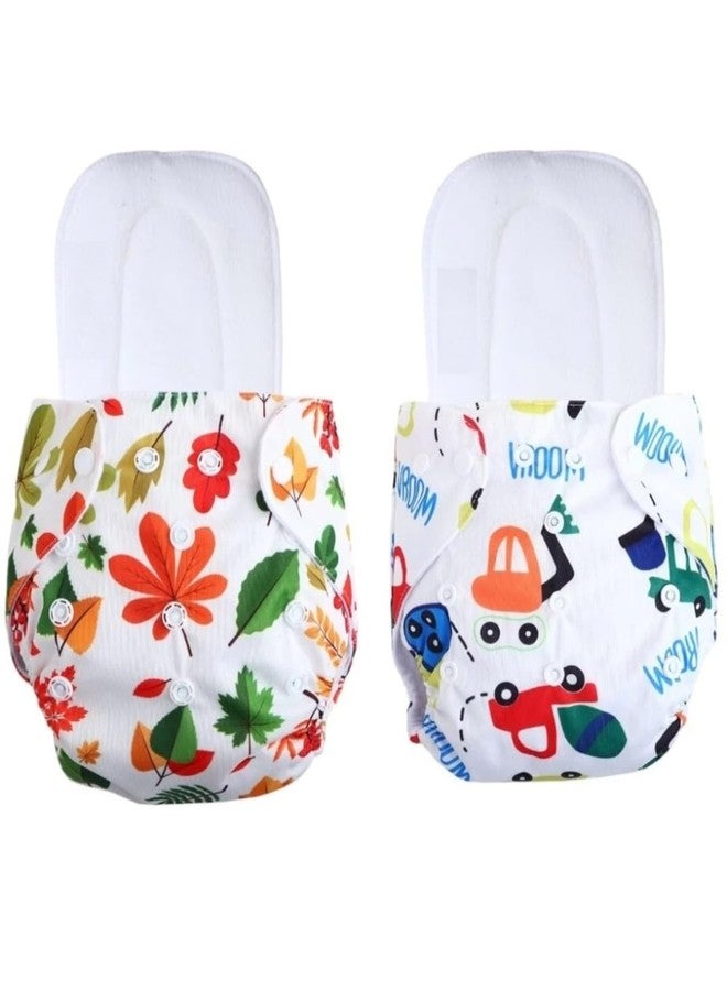 Miracle Moms Cotton Cloth Printed Diaper with 5 Layer Dry Feel White Inserts/Washable, Reusable and Adjustable Diaper for Newborn Baby & Toddlers (Pack of 2) (Flower & Car Printed, One Size) - Image 1