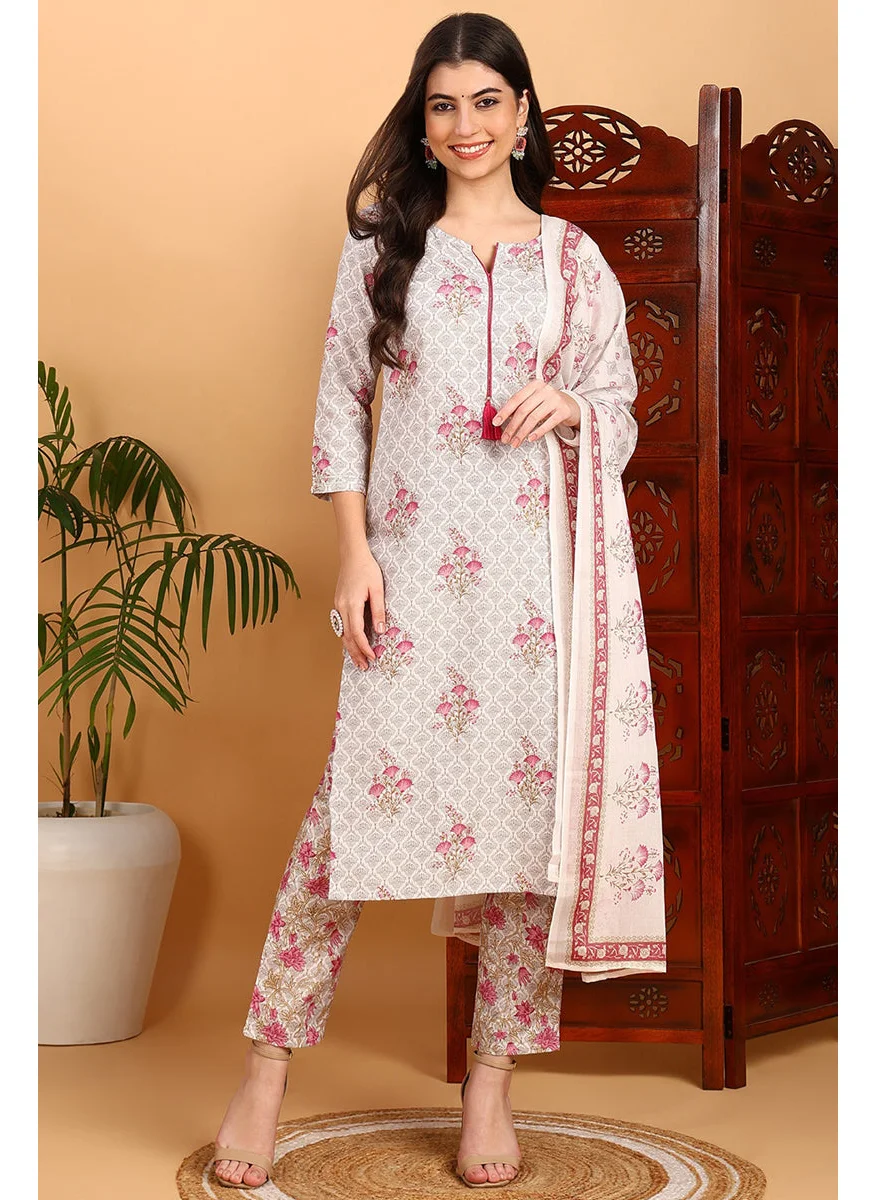 زيري سوق Pink Rayon Blend Floral Straight Printed 3-Piece Kurta Set