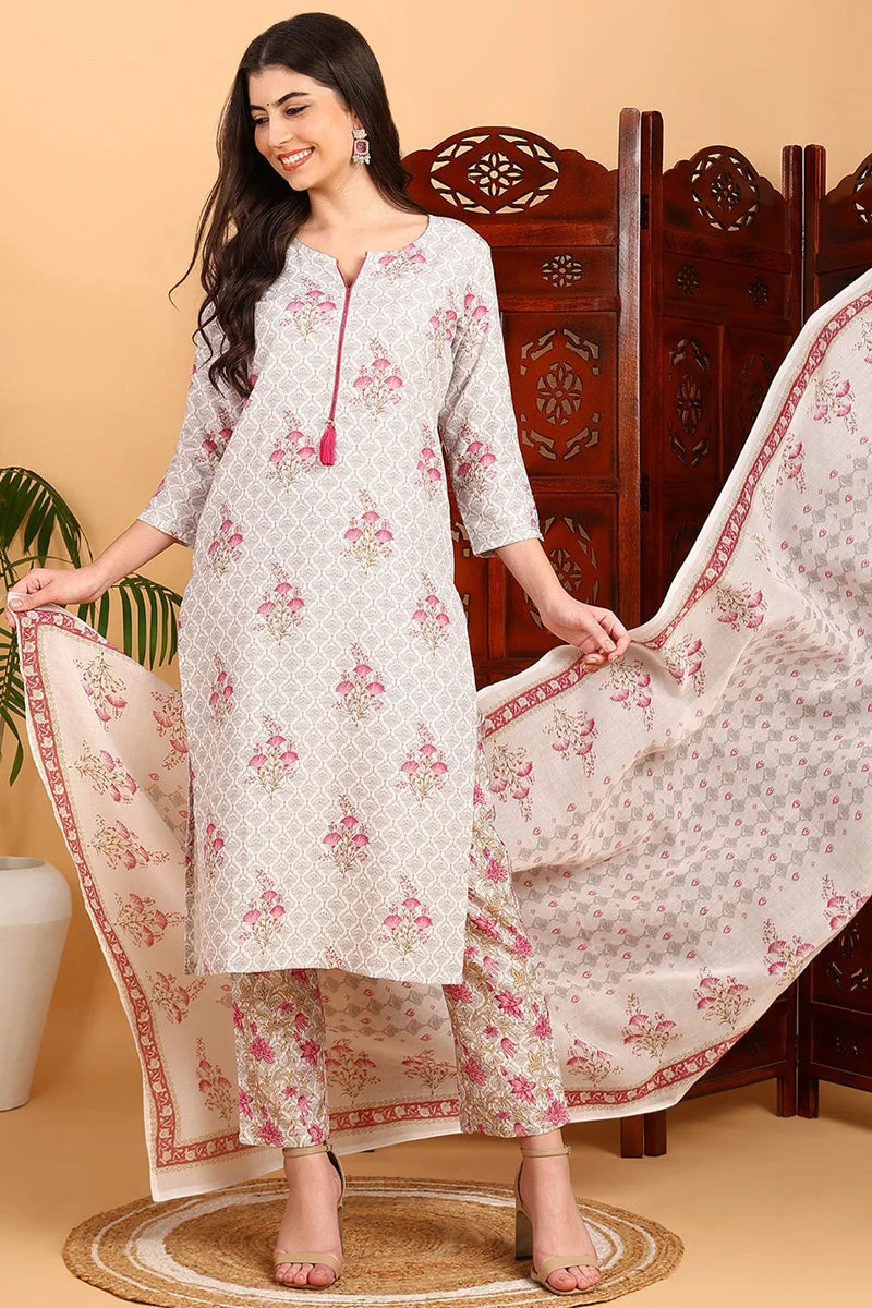 ZERESOUQ Pink Rayon Blend Floral Straight Printed 3-Piece Kurta Set