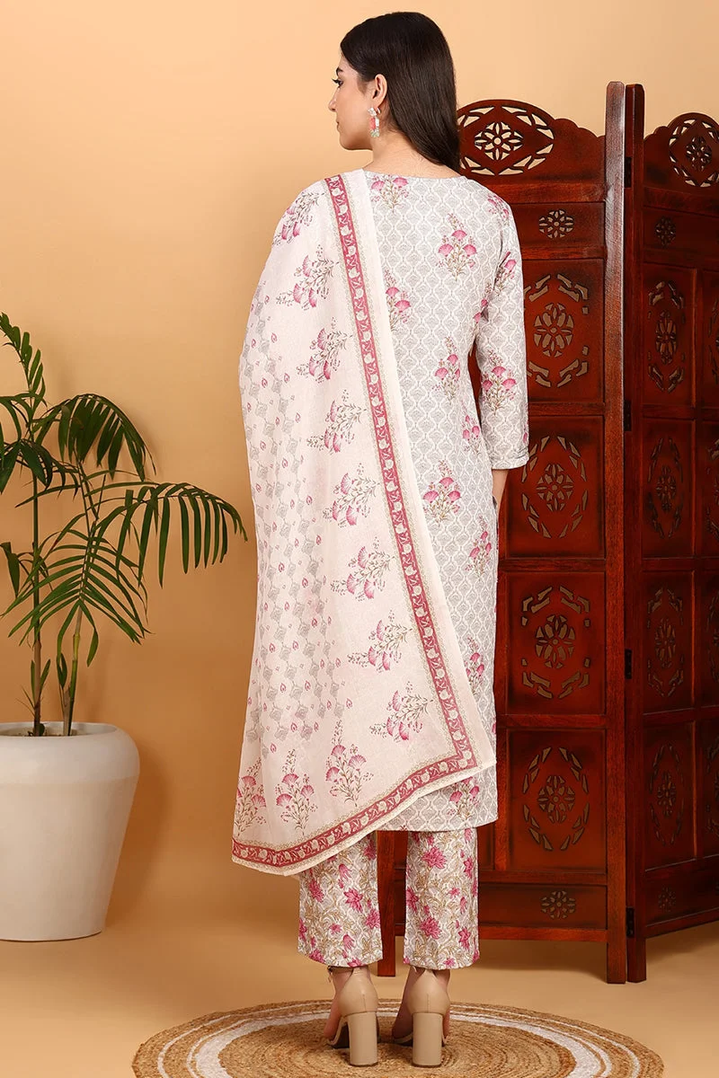 ZERESOUQ Pink Rayon Blend Floral Straight Printed 3-Piece Kurta Set