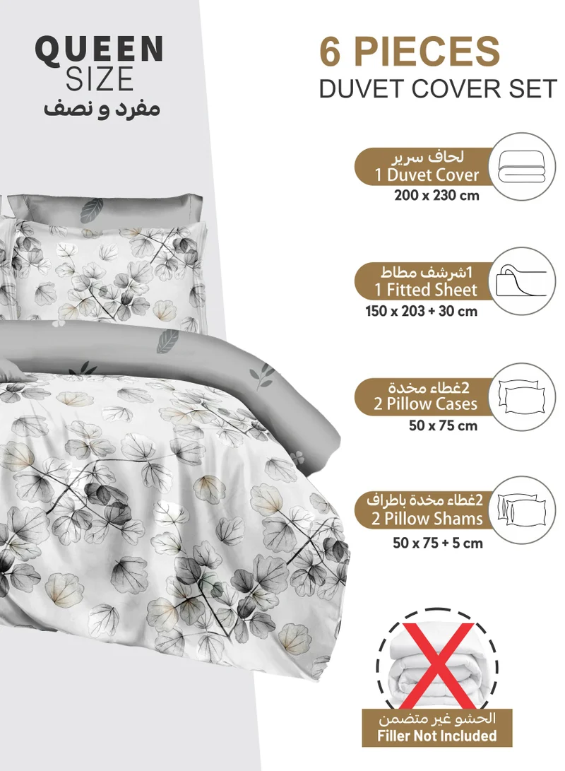 Donetella Printed Duvet Set, Queen Size 200x230 cm - 6-Pcs Bed Set, Microfiber Fabric - 1 Duvet Cover, 1 Fitted Sheet, 2 Pillow Shams, 2 Pillowcases (Filler Not Included)