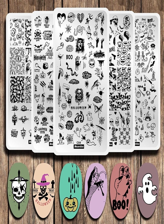 Mezerdoo 5 Pcs Nail Stamping Plate Halloween Theme Stamp Plates Skull Ghost Witch Pumpkin Image Nail Stamper Plate Art Design Stamp Kit Snake Spider Bat Print Manicure Template Set Festival Stencil Tools - Image 1