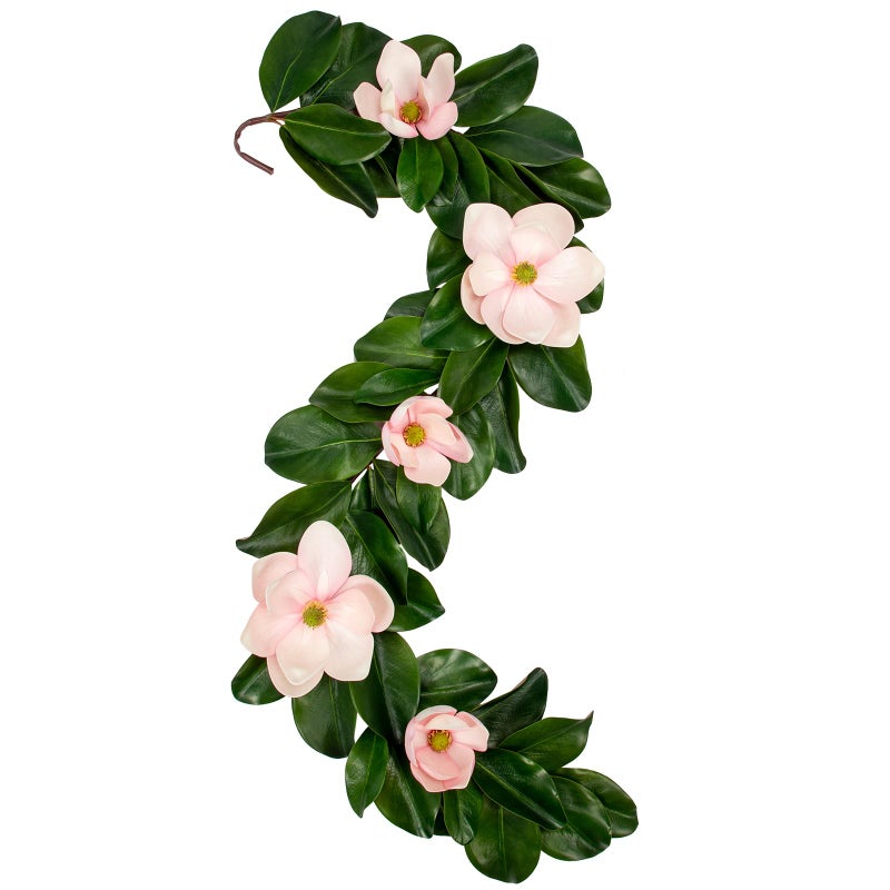 Arborus Artificial Magnolia Garland 5FT â€“ Real Touch Flowers & Greenery Vine for Wedding Arch, Mantel, Table, Indoor Decor â€“ Faux Magnolia Leaf Garland (Pink Flowers) - Image 1