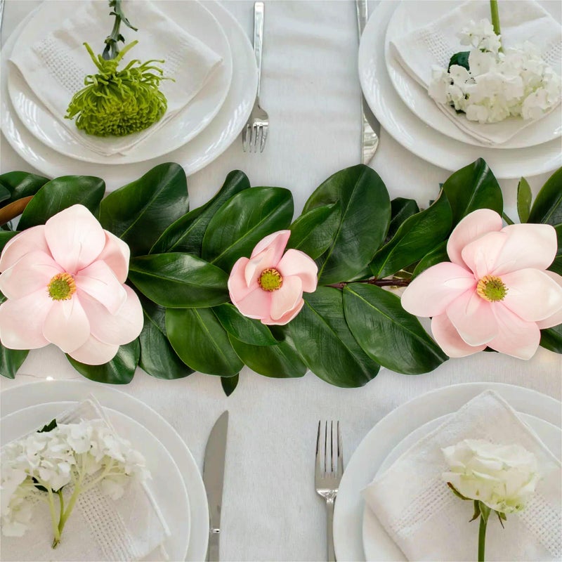 Arborus Artificial Magnolia Garland 5FT â€“ Real Touch Flowers & Greenery Vine for Wedding Arch, Mantel, Table, Indoor Decor â€“ Faux Magnolia Leaf Garland (Pink Flowers) - Image 4