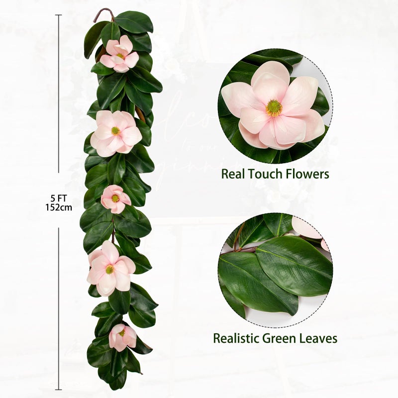 Arborus Artificial Magnolia Garland 5FT â€“ Real Touch Flowers & Greenery Vine for Wedding Arch, Mantel, Table, Indoor Decor â€“ Faux Magnolia Leaf Garland (Pink Flowers) - Image 2