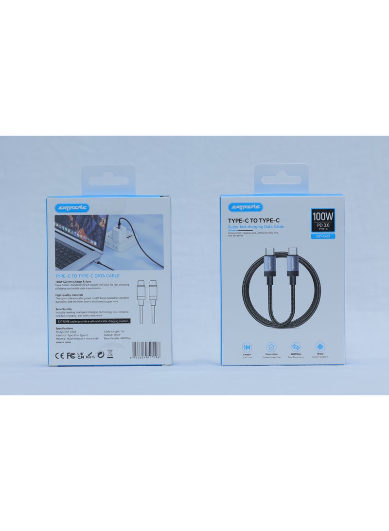 إكستريم كابل EXTREME تايب-سي إلى تايب-سي للشحن السريع جداً 100 واط PD – 1 متر - Image 2