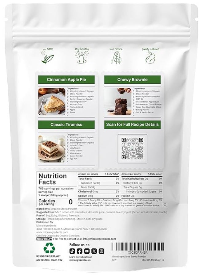 Micro Ingredients Pure Organic Stevia Powder, 4 Ounces, 706 Serving, Highest Grade Stevia Green Leaf Extract Reb-A, Reduced Bitter Aftertaste, 0 Calorie, Natural Sweetener, Sugar Alternative, Keto Friendly - Image 3