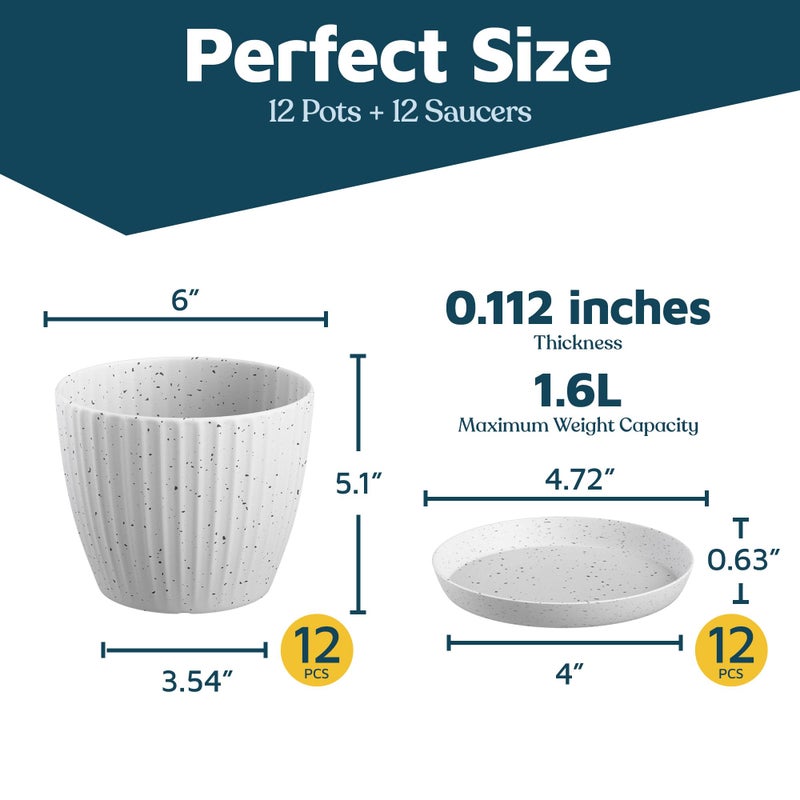 LifeMaster White Gray 6-Inch Plant Pots with Drainage & Saucers 12 Pack, Indoor & Outdoor Planters for Houseplants, Herbs, and Flowers, Durable & Weatherproof Material, Stackable, Lightweight, Minimalist Design - Image 2