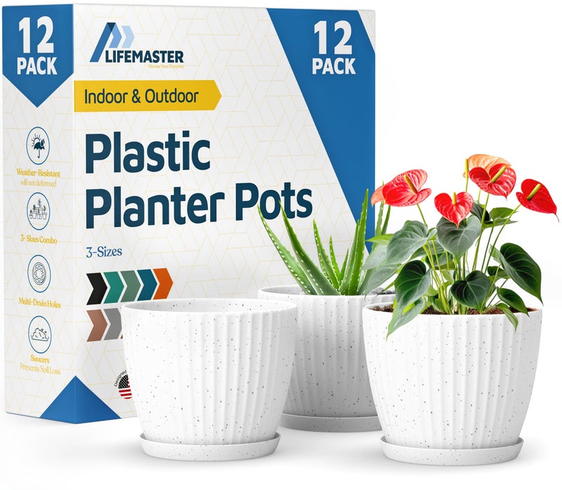 LifeMaster White Gray 6-Inch Plant Pots with Drainage & Saucers 12 Pack, Indoor & Outdoor Planters for Houseplants, Herbs, and Flowers, Durable & Weatherproof Material, Stackable, Lightweight, Minimalist Design - Image 1