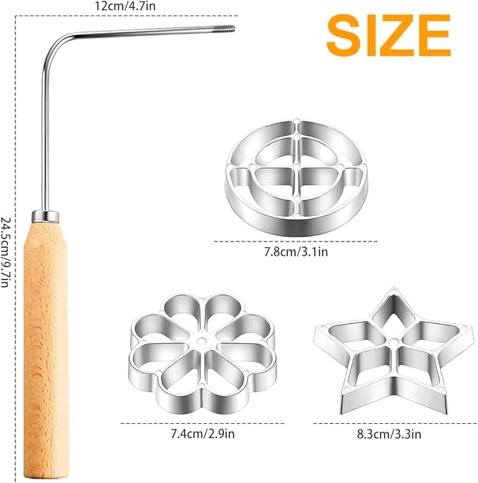 THW® Jalebi Maker/Mold with Handle, Rosette Cookie Tool, Aluminium Cast Waffle Molds Set with 3 Interchangeable Heads Star Flower Circle, for Kitchen Baking Cooking Housewares - Image 2