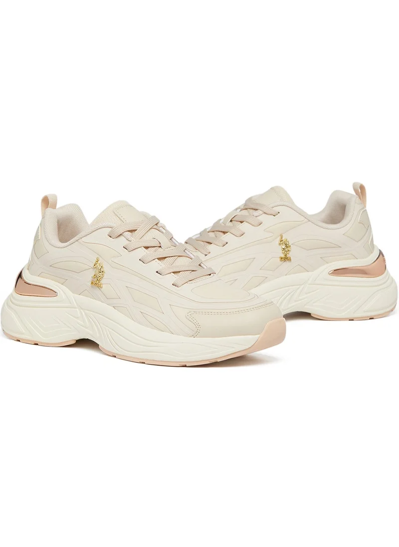 U.S. Polo Assn. Women's Beige Low-Top Premium Ramadan Exclusive Sneakers – Metallic Shine, Effortless Elegance!