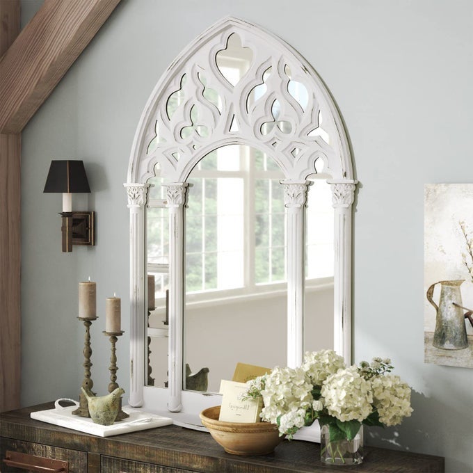 ARCH WINDOW MIRROR RUSTIC FARMHOUSE CATHEDRAL 24X36 INCH LARGE WOOD PANE WHITE ARCHED DECORATIVE ACCENT
