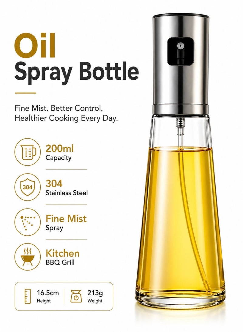Leoxol Oil Spray Bottle 200ml | 304 Stainless Steel And Glass Oil Sprayer | Olive Oil Dispenser For Kitchen BBQ Grill Cooking - Image 1