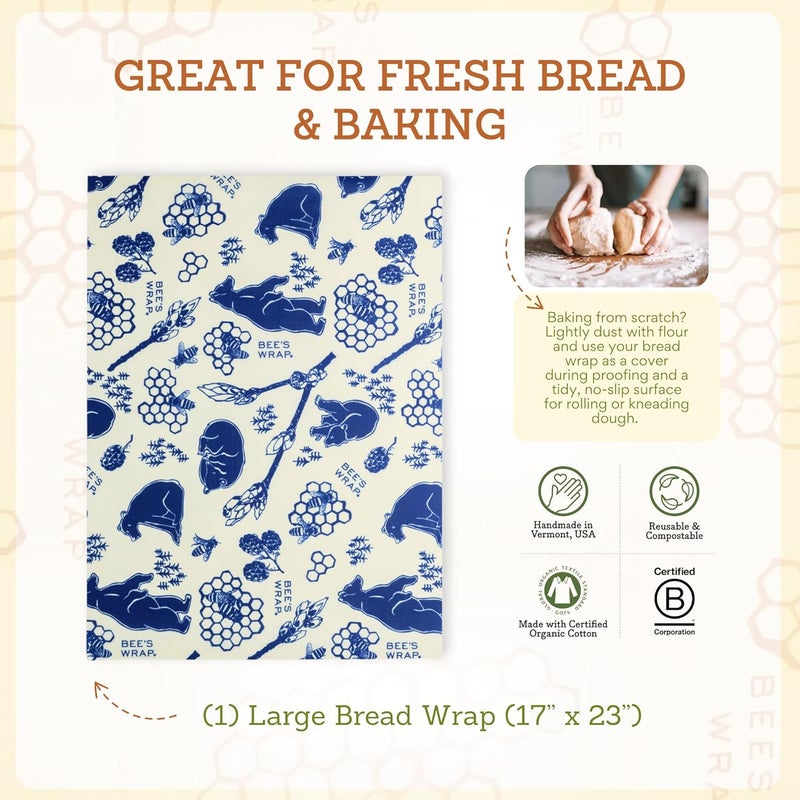 Bee's Wrap Beeswax Wraps for Food - Bread Wrap - Made in USA Reusable Bread Storage Bags - Organic & Eco-Friendly Alternative to Aluminum Foil, Sourdough Bags & Plastic Wrap, Bees + Bears - Image 5