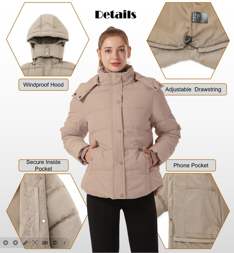 GGleaf Women's Hooded Warm Winter Coat Plus Size Thicken Puffer Jacket with Removable Hood khaki 3X - Image 4