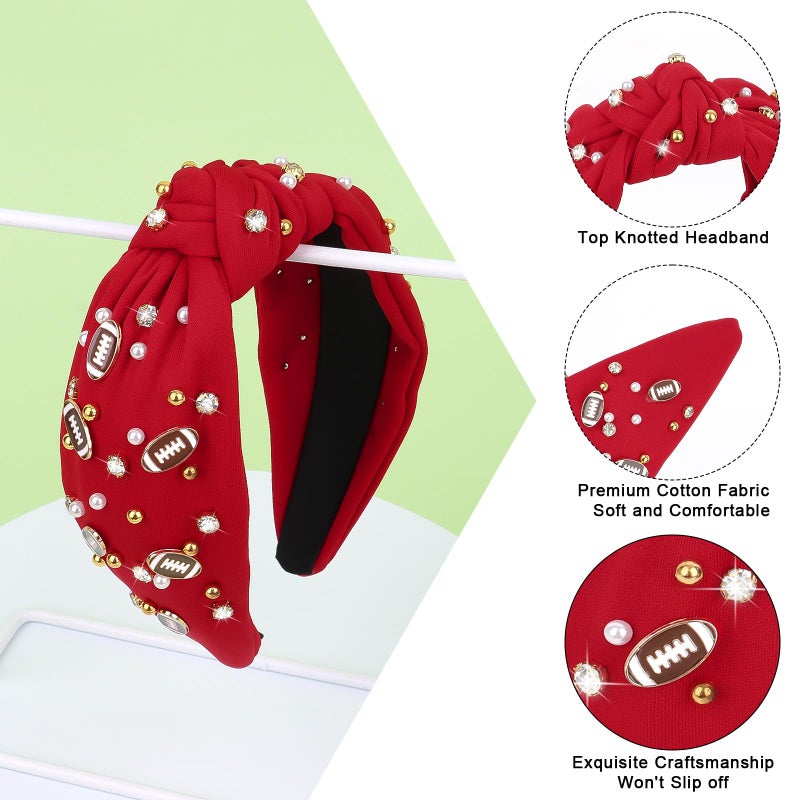 YARIEW Football Headband for Women Pearl Rhinestone Jeweled Knotted Headband Fashion Headband Wide Game Day Sports Hair Accessories Gift for Football Mom Fans Christmas (Red) - Image 4