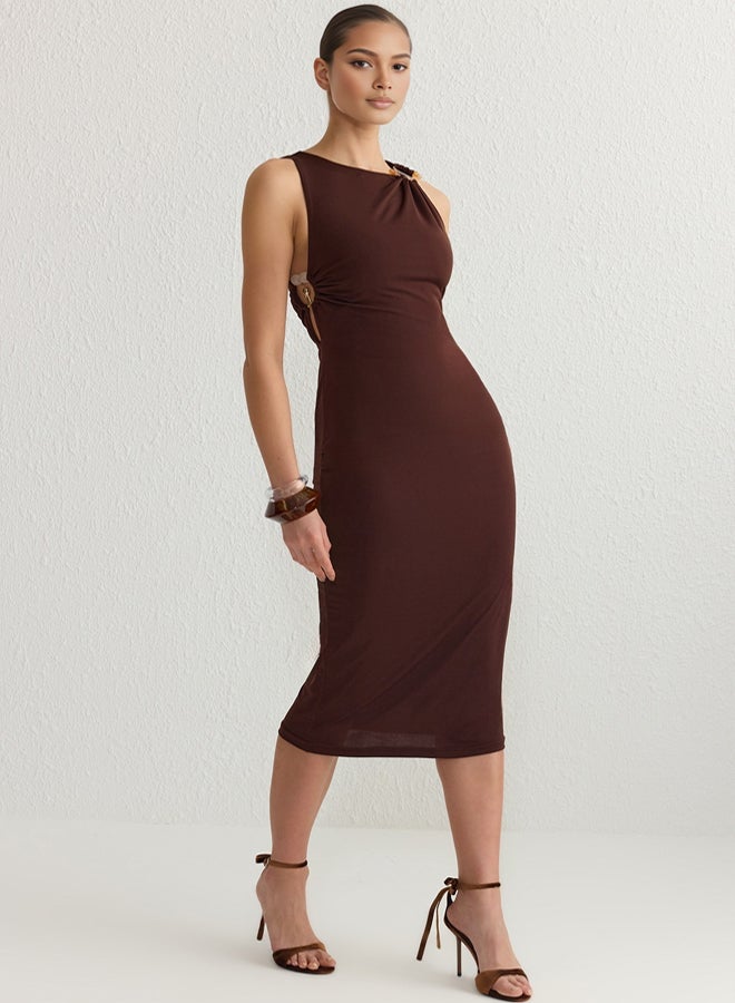 trendyol Brown Accessory Detail Knitted Midi Dress TPRSS25EL00103 - Image 1